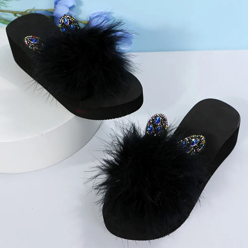Faux Fur Wedges Slippers for Women Spring Autumn Fashion Crystal Detor Platform Slides Woman Slip On Open Toe Slippers Female