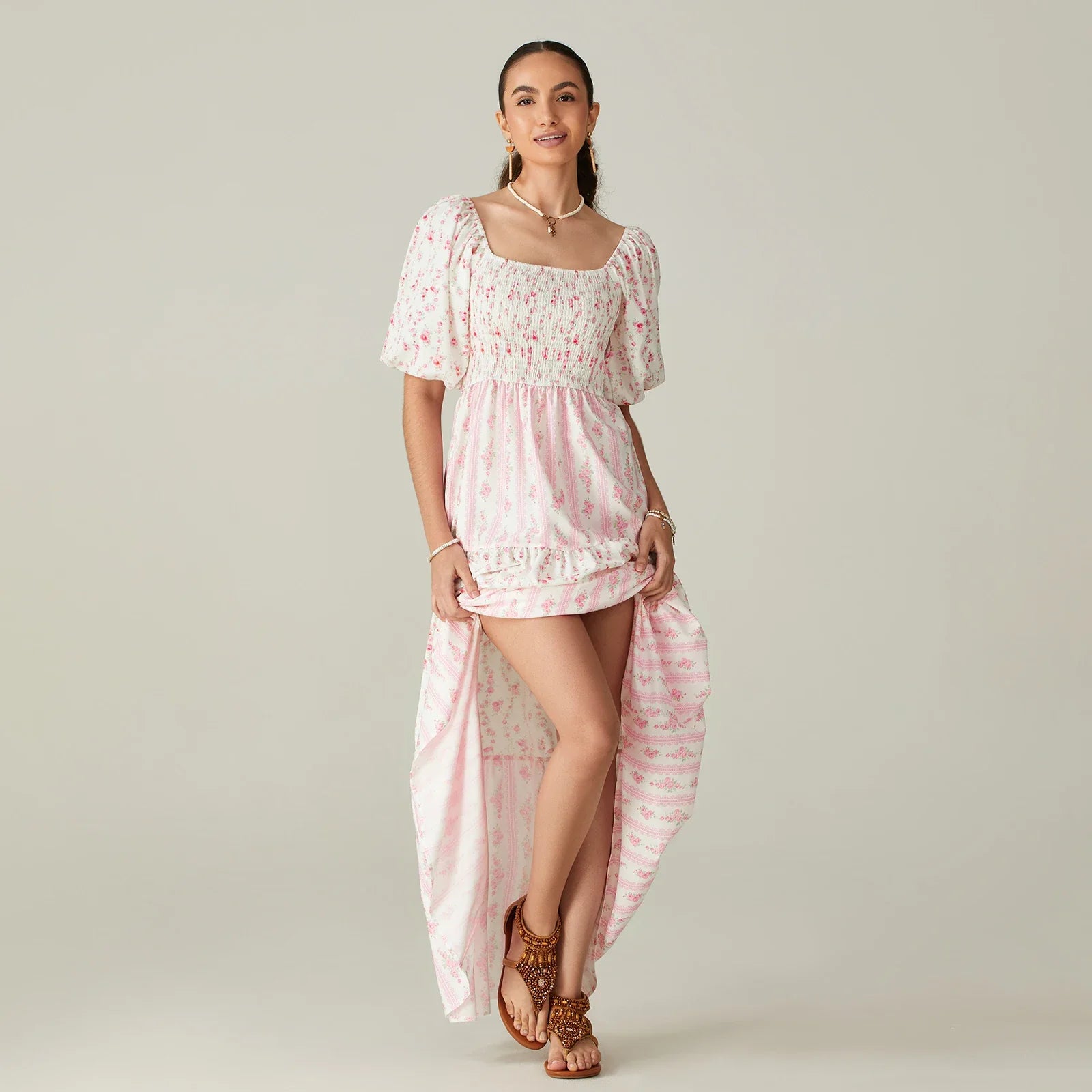 Women Summer Long Dress Floral Print Square Neck Short Sleeve Fashion Casual Bohemian Holiday Beach Dresses