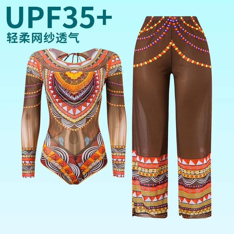2025 Long Sleeve Sheer Sun Protection One-Piece Set Swimsuit Women Sexy Rash Guard Swimwear Bodysuit Beachwear With Cover up