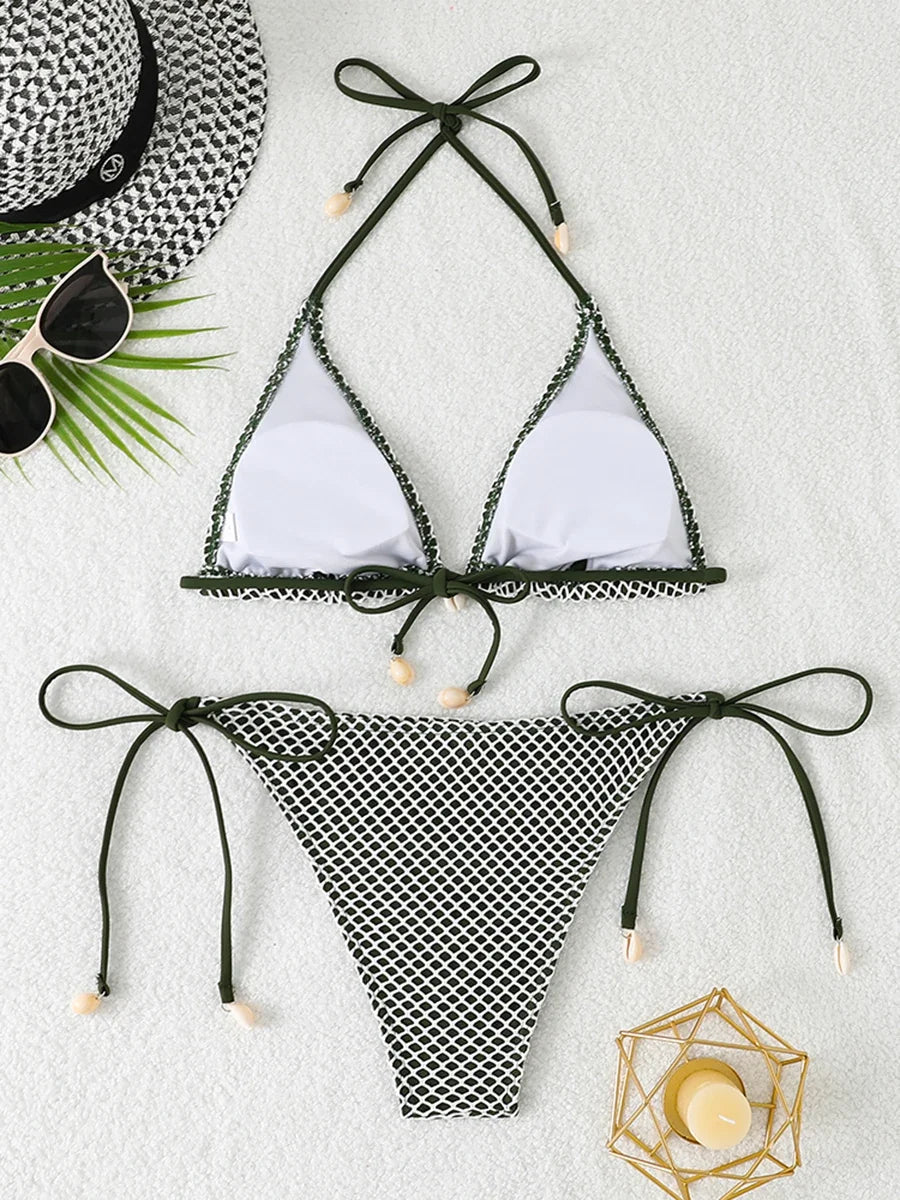 2026 Halter String Triangle Bikini Women Sexy Swimwear Female Mesh Swimsuit Solid Bathers Bathing Swimming Swim Suit Beachwear