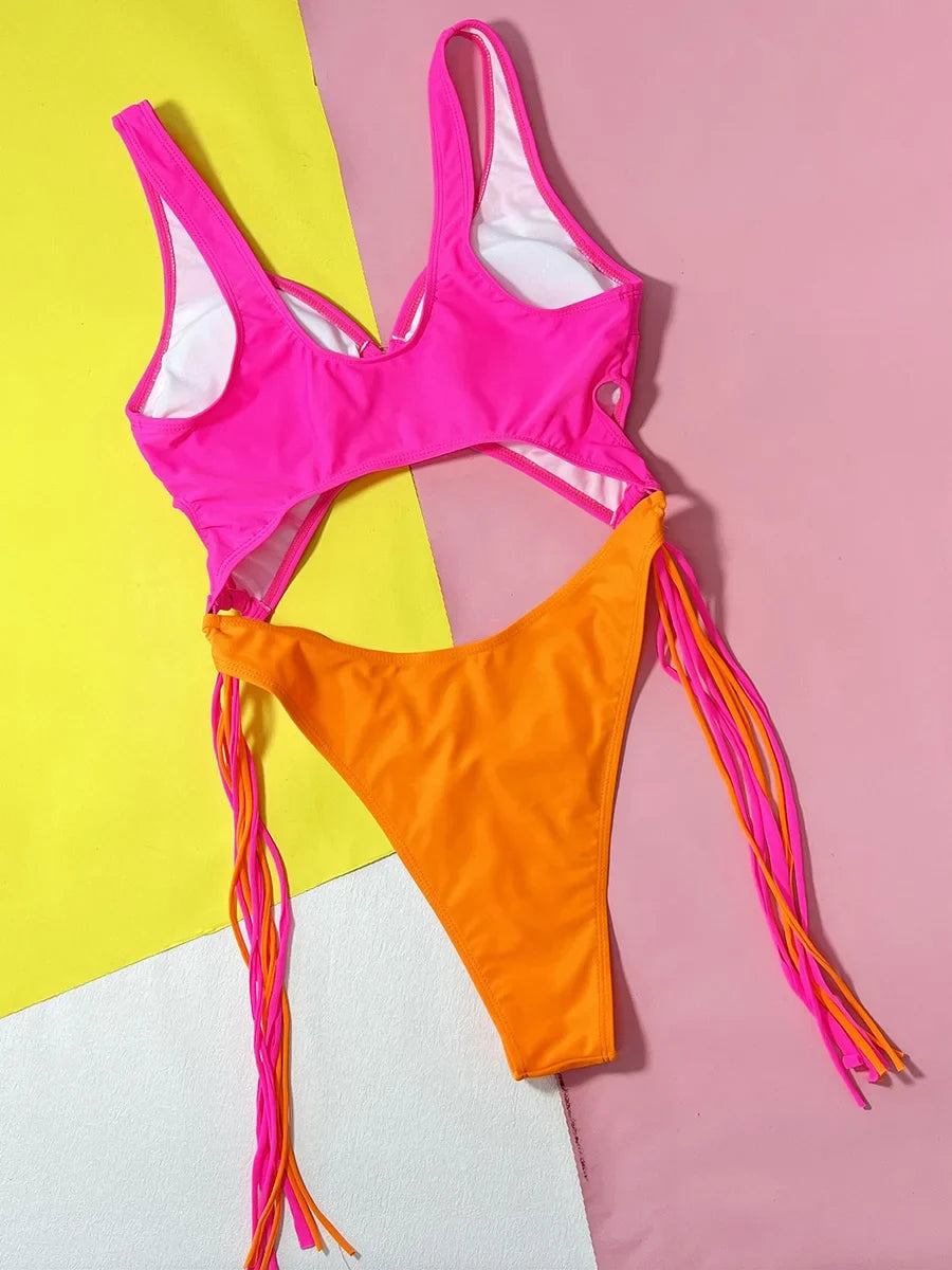 Sexy Splicing Tummy Cut Out Female Swimwear One Piece Swimsuit Women Tassel Monokini Bather String Bathing Suit Swim Bodysuit