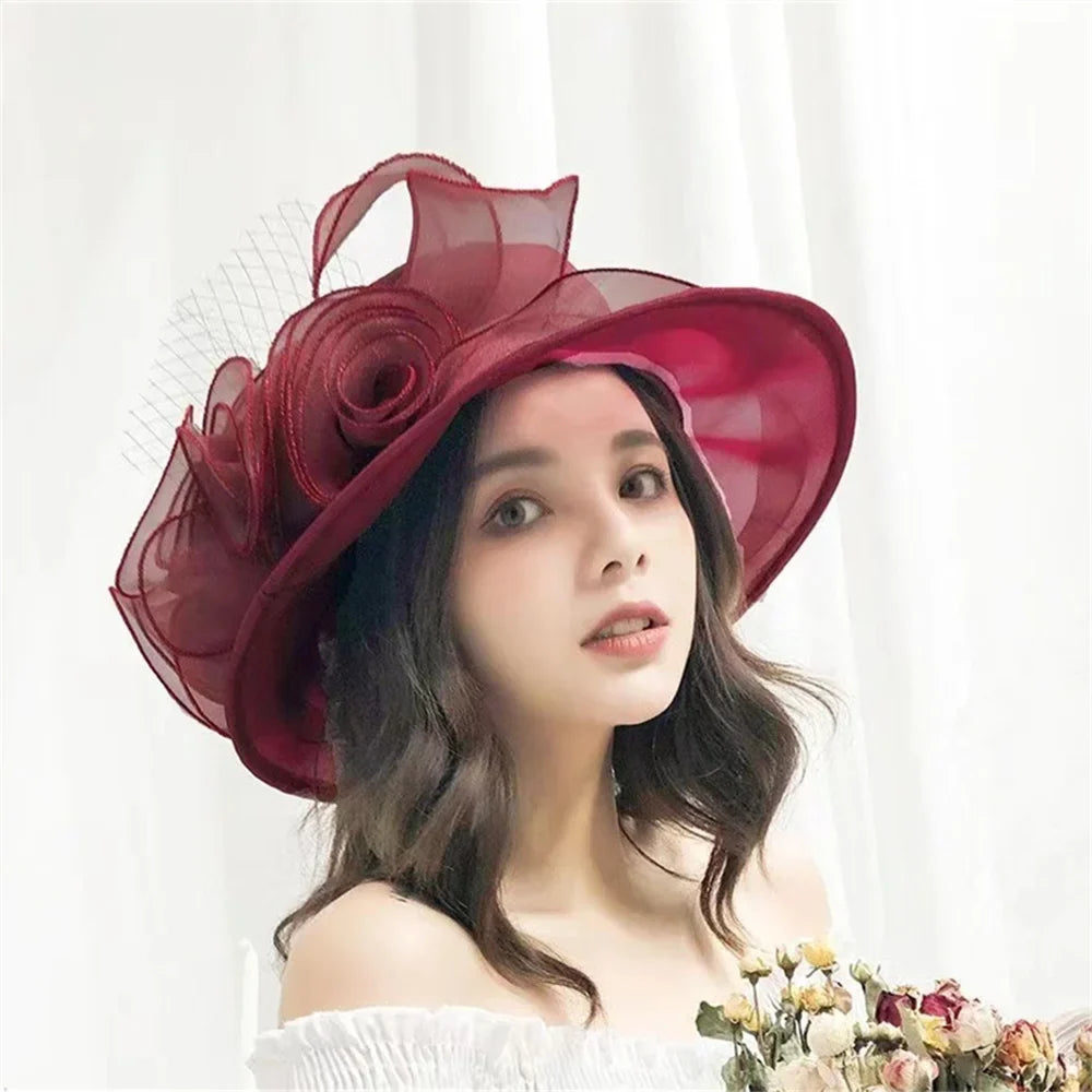 Women Organza Hat 3D Flower Wide Brim Top Hat French Sun Caps for Church Tea Party Wedding