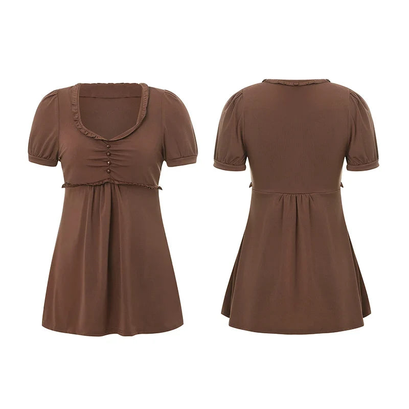 Summer Women´s Y2k T-shirt Short Sleeve V Neck Ruched Babydoll Tops Casual Loose Shirts Retro Clothes