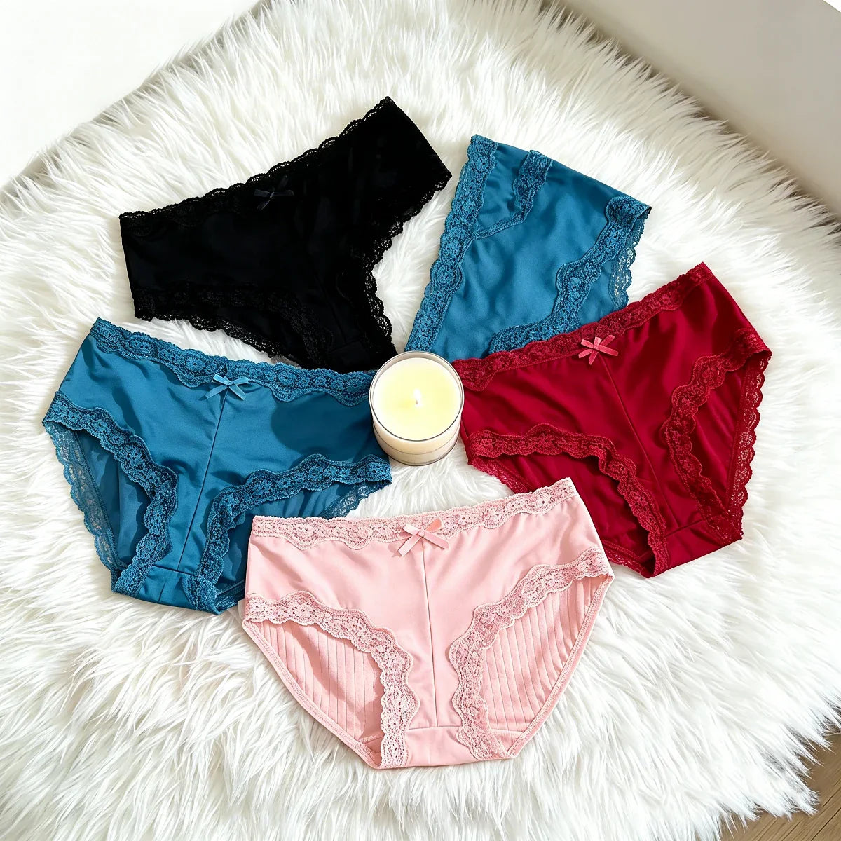 4Pcs/Set Women's Swim Fabric Lace Briefs Seamless Mid Waist Panties Solid No Show Underwear Cotton Gusset Plus Size 4XL
