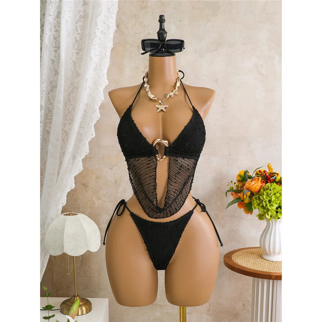 New Hollow Out Tankini Halter Bikini Female Swimsuit Women Swimwear Two-pieces Bikini set Strappy Bather Bathing Suit Swim V8076