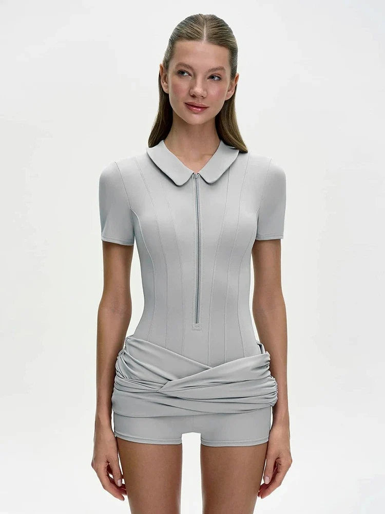 FDYOUI Women's Polo Collar Zip-up Jumpsuit Dress Chic Short Sleeve Folds Solid Bodysuits One Piece Yoga Fitness Sporty Playsuits