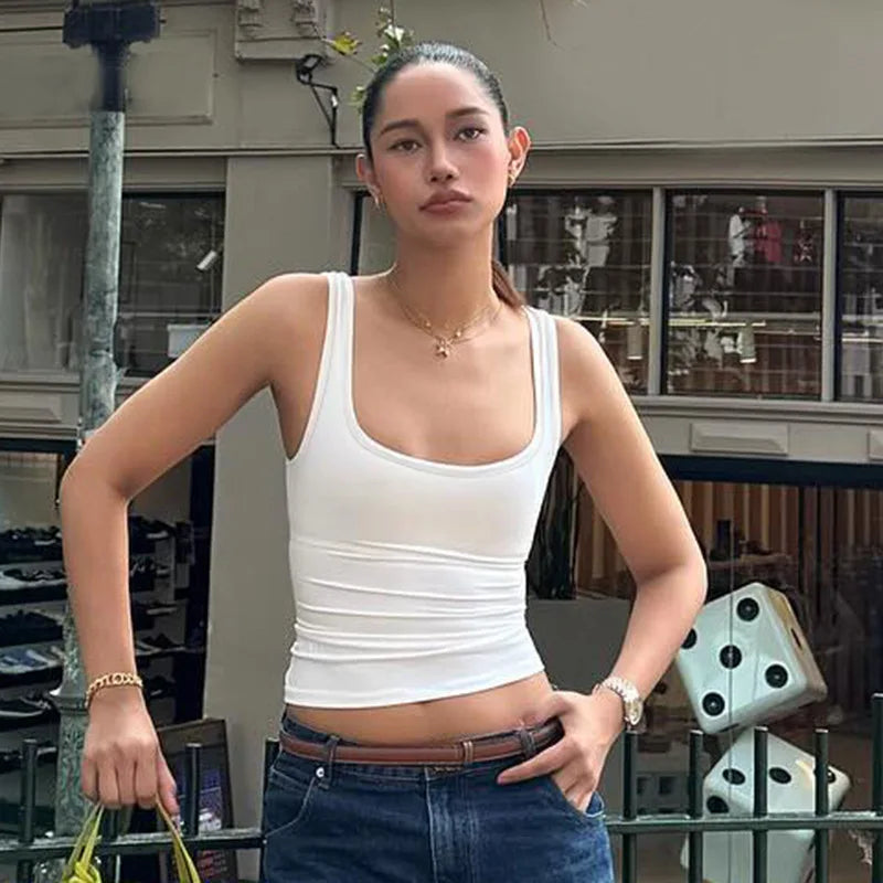 Women's Fashion Solid Tank Tops 2026 Streetwear Sleeveless T-shirt Female Square Collar Skinny Corset Y2K Girls Gray Crop Top