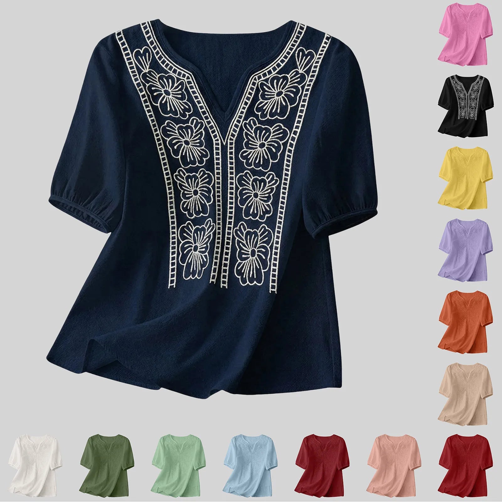 Women Summer Loose Embroidered V Neck Solid Color Short Sleeved Comfortable Button Down Shirt Top женская одежда