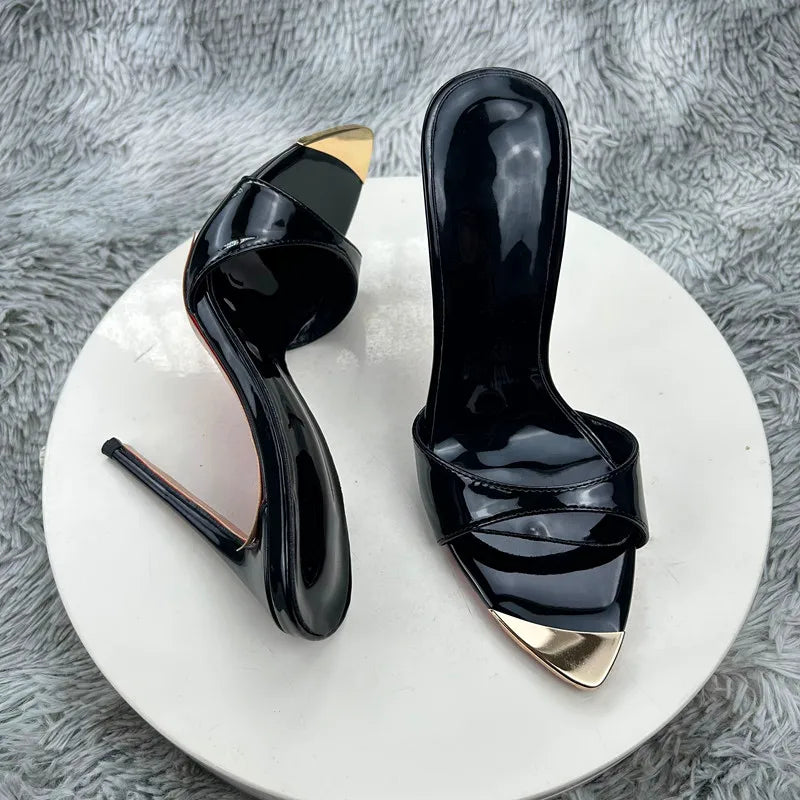 Black glossy  Female High Heels Open Toe Slides Trending Breathable Women Summer Outfit Casual Shoes12cm Sandals