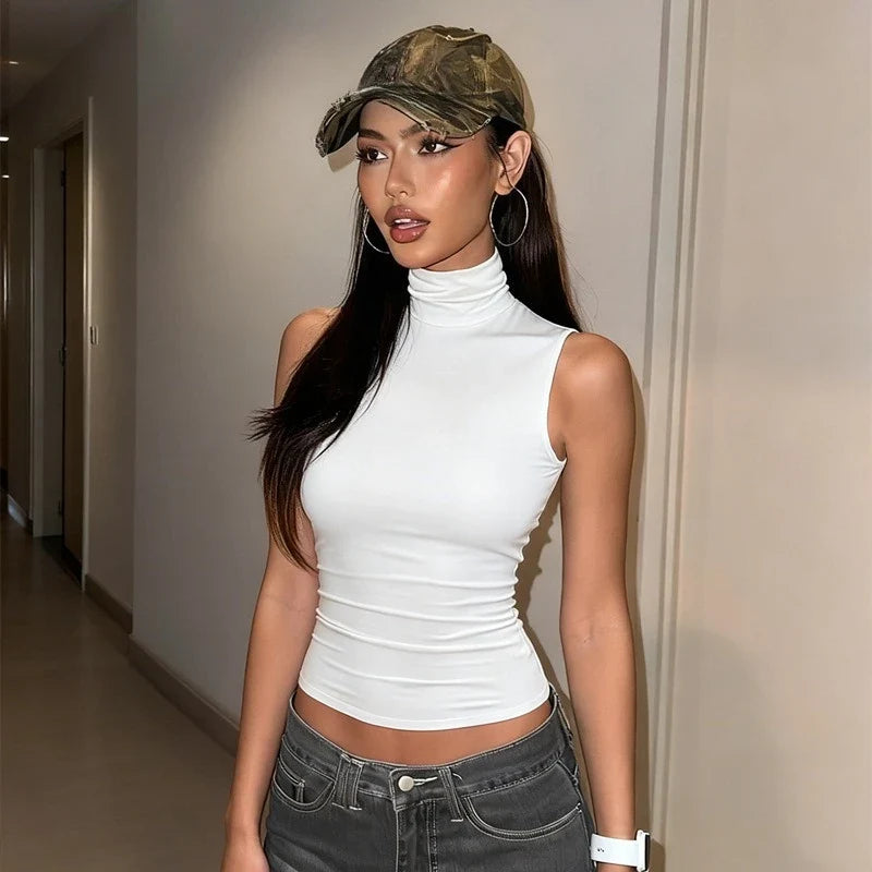 FDYOUI Fashion Turtleneck Sleeveless Tank Tops Streetwear Y2K Woman Clothes Backless Solid Corset T-shirt Female Skinny Crop Top