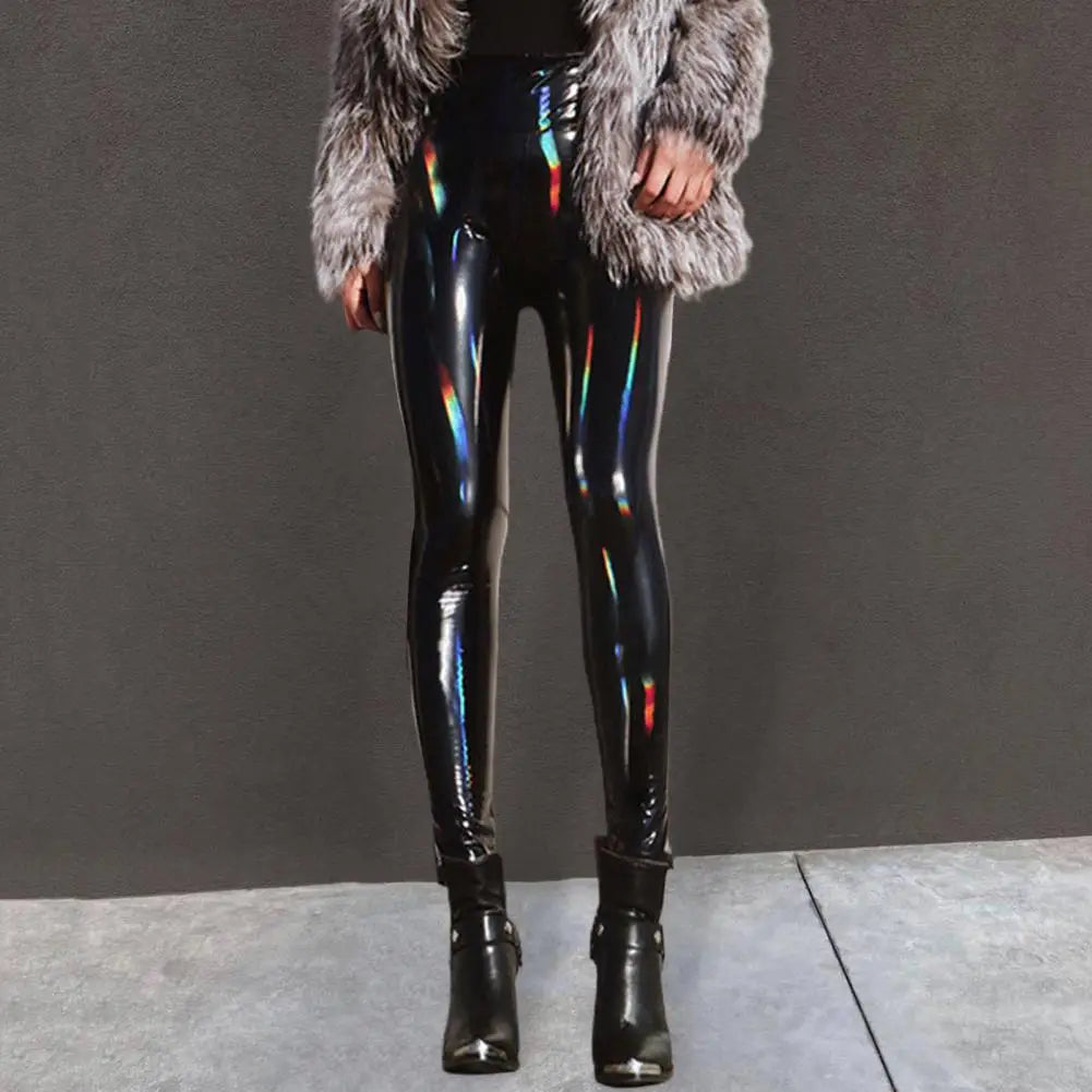 Sexy Nightclub Pants Women Faux Leather Pencil Pants Solid Color High Waist Mirror Surface Solid Color Shinny Slim Trousers