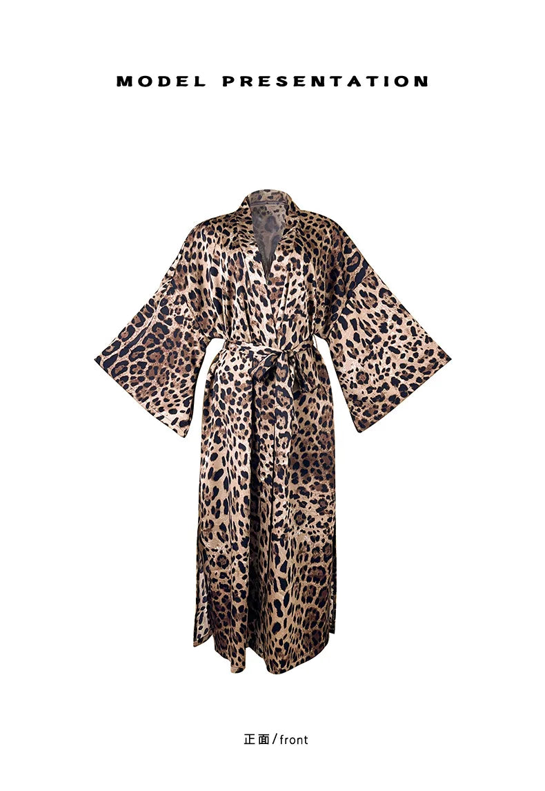Sexy Leopard Print Satin Long Robe Women Flare Sleeve Tie Waist High Slit Loungewear Outerwear