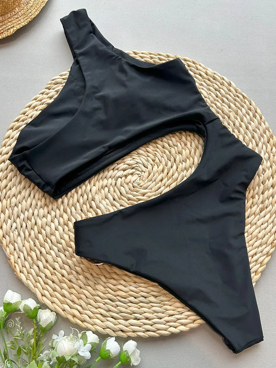 Asymmetric One Shoulder Metal Ring Women Swimwear One Piece Swimsuit Female High Cut Monokini Bather Bathing Suit Swim Beachwear