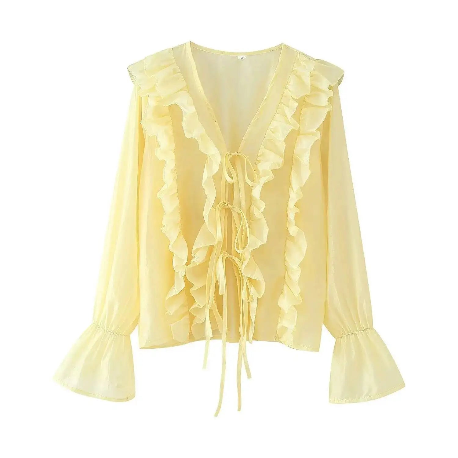 Women's Layered Bell Sleeve Blouse Yellow Ruffled Sheer Blouse V Neck Tie Front Long Sleeve Casual Top With Puffed Sleeves BLZW