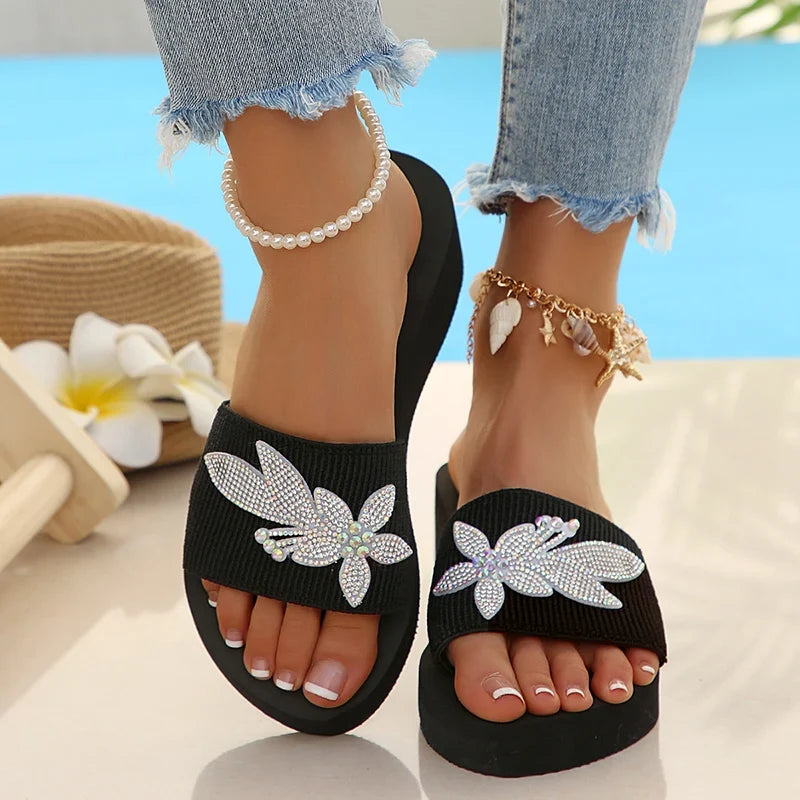 Gold Crystal Wedge Heel Slippers Women Plus Size 42 Thick Platform Sandals Woman 2026 Summer Lightweight Non Slip Beach Slides