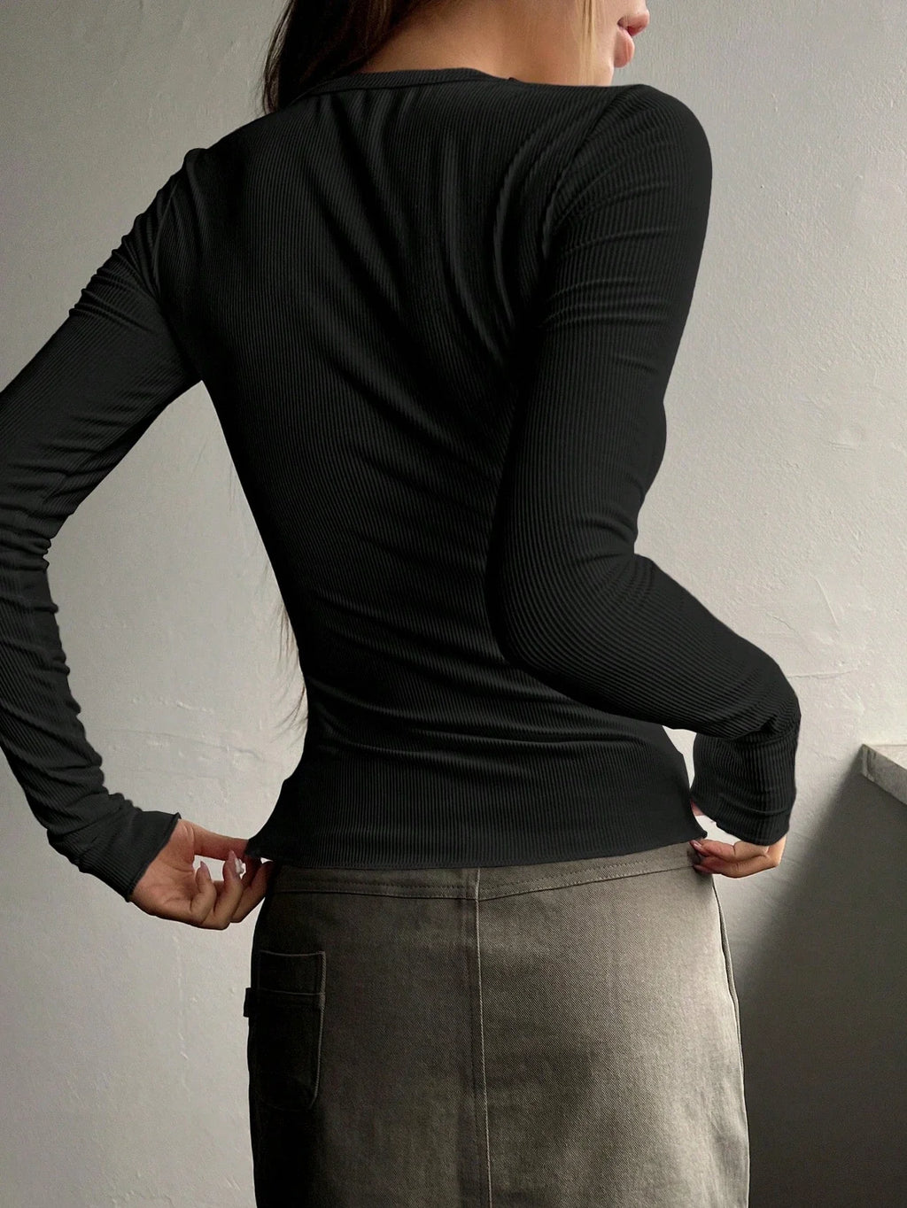 Women's Casual Solid Color Slim Fit Half-Button Long Sleeve T-shirt Commuting Rib-Knit Cropped Top Spring/Fall