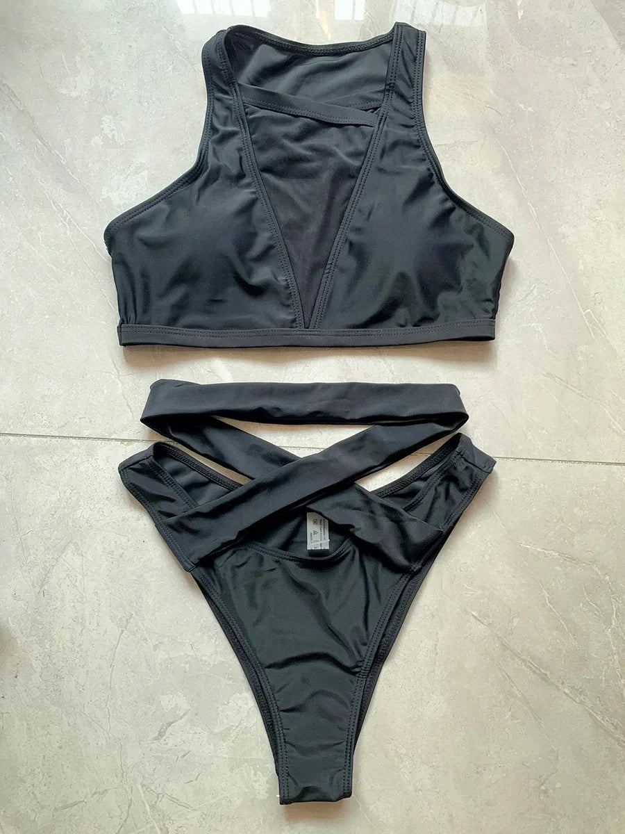 Sexy Mesh Sheer Hollow Out Bikini Female Swimsuit Women Swimwear Two-pieces Bikini Set See Through Bather Bathing Suit Swim Lady