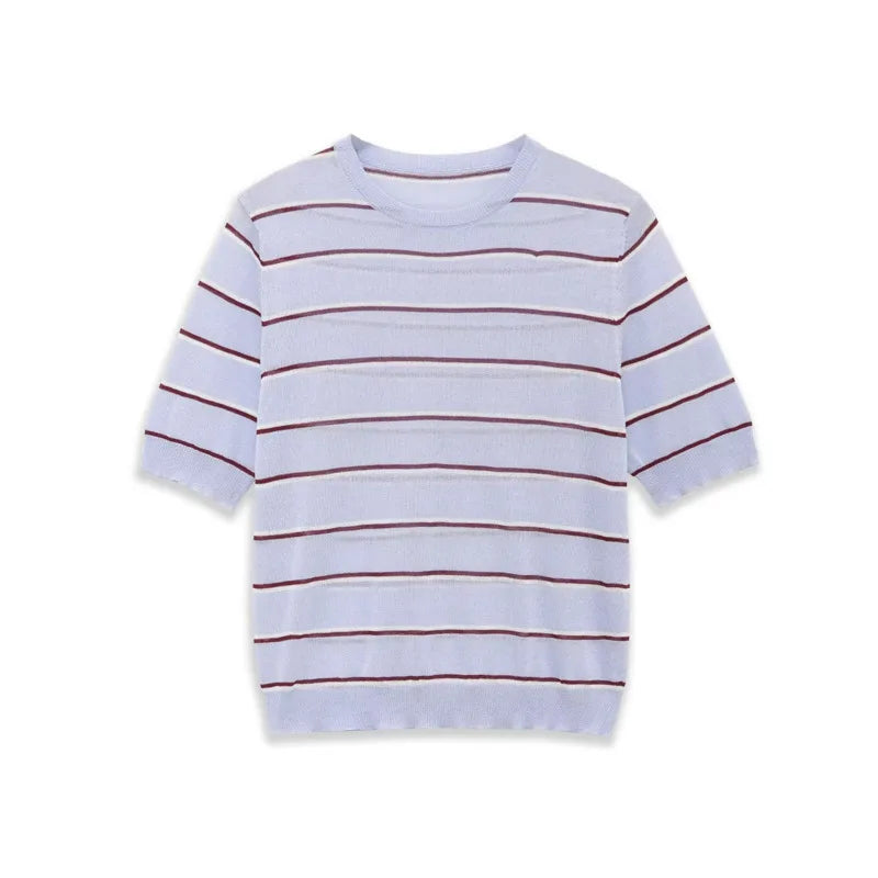 Fashion Short-sleeve Round-neck Striped Knit Top Light Blue With Knit Top Casual Sleeve Crew Neck For Women Daily Wear 0NSB
