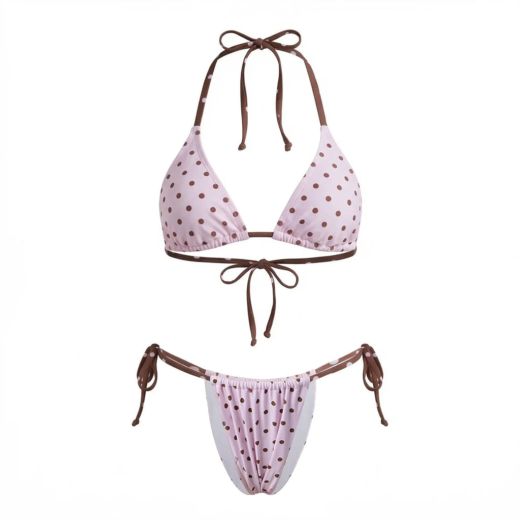 Women Dots Print Bikini Sets Swimsuits Tie-Up Halter Sleeveless Padded Bra Thong Bottoms Beach 2 Piece Bathing Suit Set