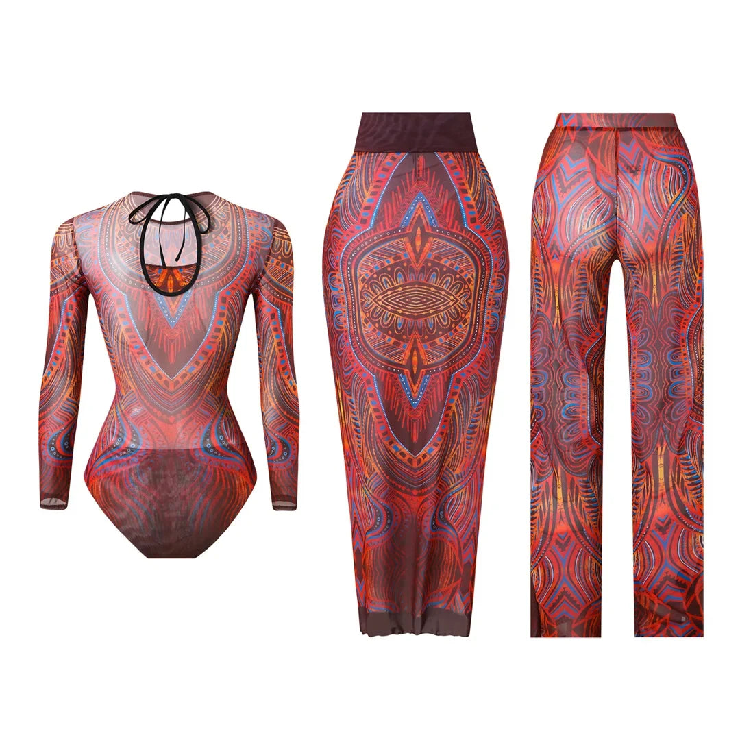 S - XXL 3PCS New Printed Long Sleeve With Pants Sarong Women Swimwear One Piece Swimsuit Female Bather Bathing Suit Swim K7180