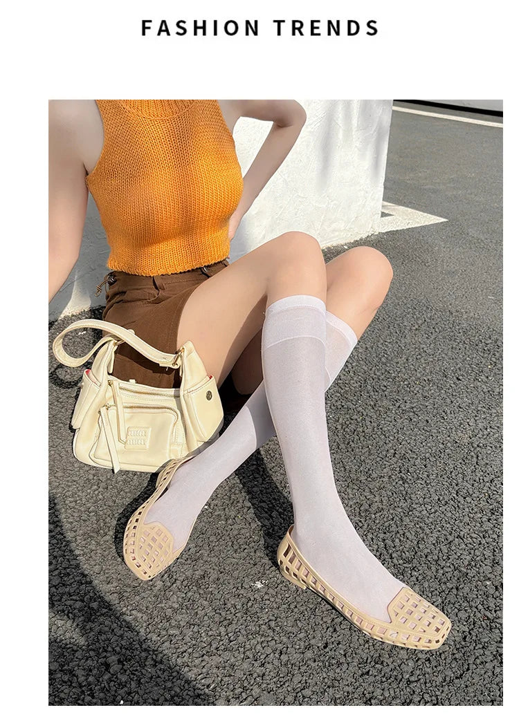 New 2025 Women Fashion Jelly Shoes Summer Cut-out Flat Sandals, Soft PVC Casual Square Toe Girls Daily Walking Sandalias