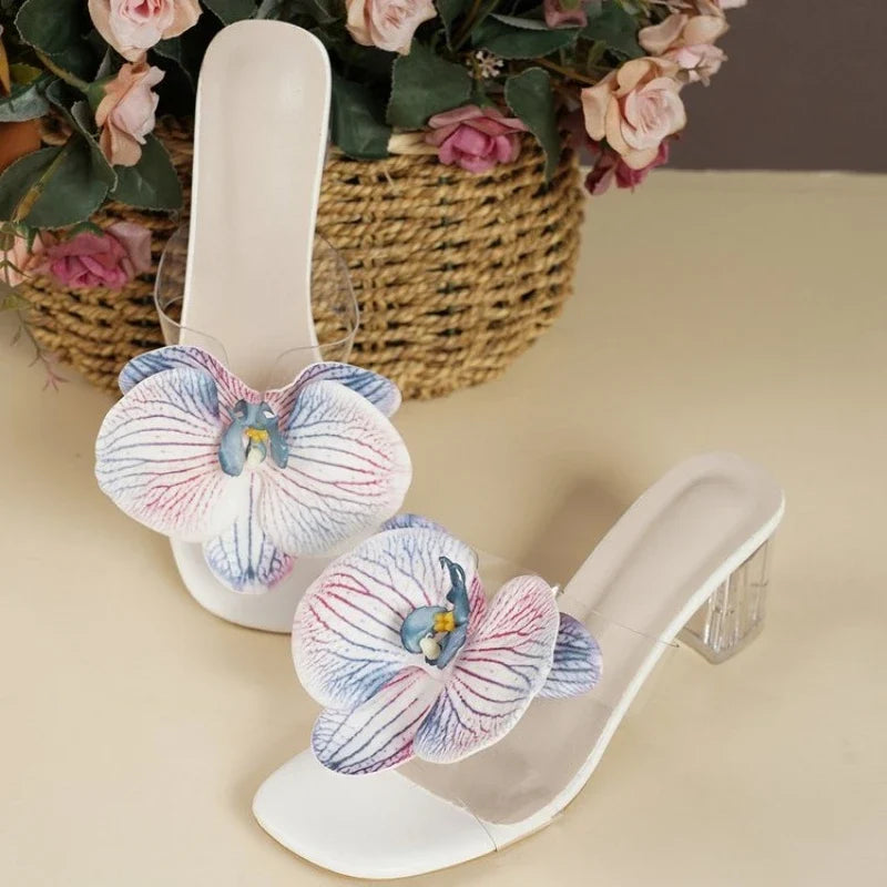 Fashion Flower Women Thin Heels Sandals Slides Shoes Female Square Toe Footwear Ladies High Heels Sandals Shoes Pumps