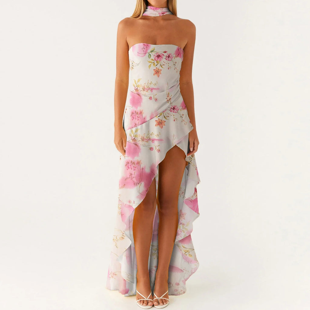 Women Summer Casual Tube Dress Fashion Solid Color/Floral Print High Low Ruffles Long Dresses with Scarf