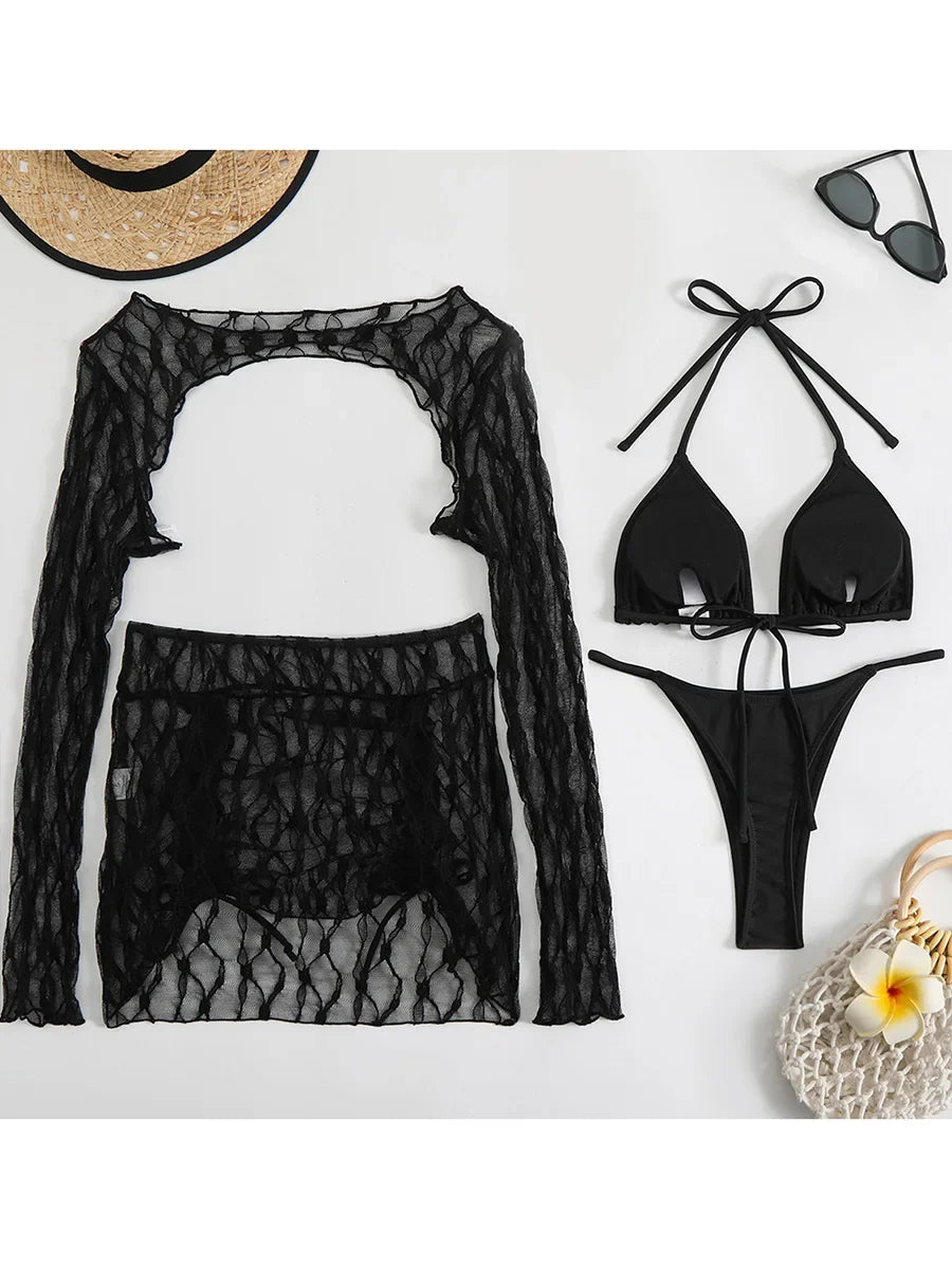 4PCS with Mesh Skirt Long Sleeve Micro Bikini Female Swimsuit Women Swimwear Four-pieces Bikini Set Bathing Suit Swim Beachwear