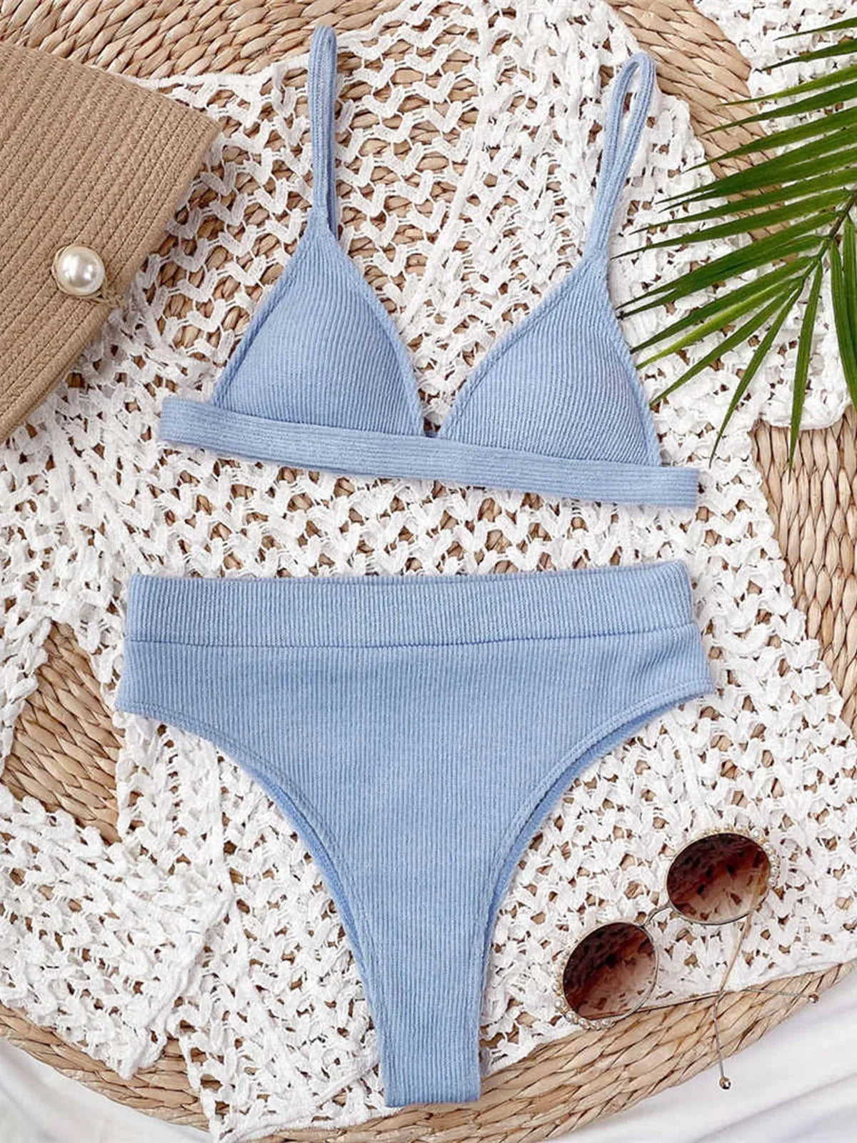 S - XL Sexy Female Swimsuit High Waist Bikini Women Swimwear Two-Pieces Bikini Set Ribbed Bather Bathing Suit Swim V2328