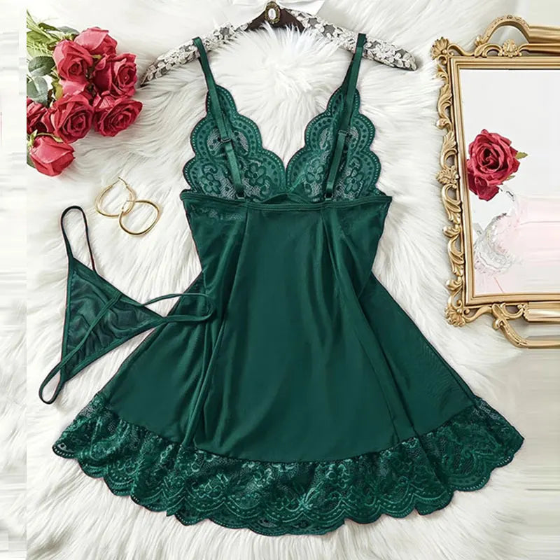 Summer Sleep Shirts Sexy Lingerie Women Mesh Nightgown Exquisite Ultra-thin Lace Embroidery Pajamas Hot Sleepwear With Thongs