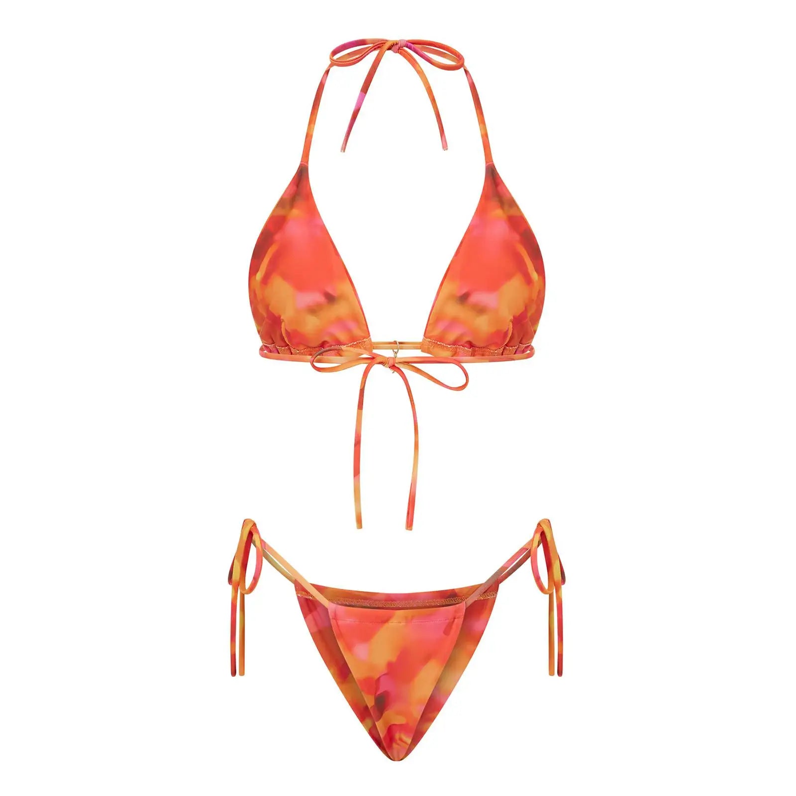 Combhasaki Women's Y2K Goth 2Pieces Tie-up Bathing Suits Sleeveless Halter Neck Backless Floral Bra + Low Waist Thong Swimsuits