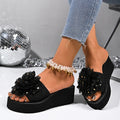Fashion Flower Design Wedge Slippers Women Summer Sequins Black Platform Slides Female Stylish Anti-Slip High Heel Sandals Mujer