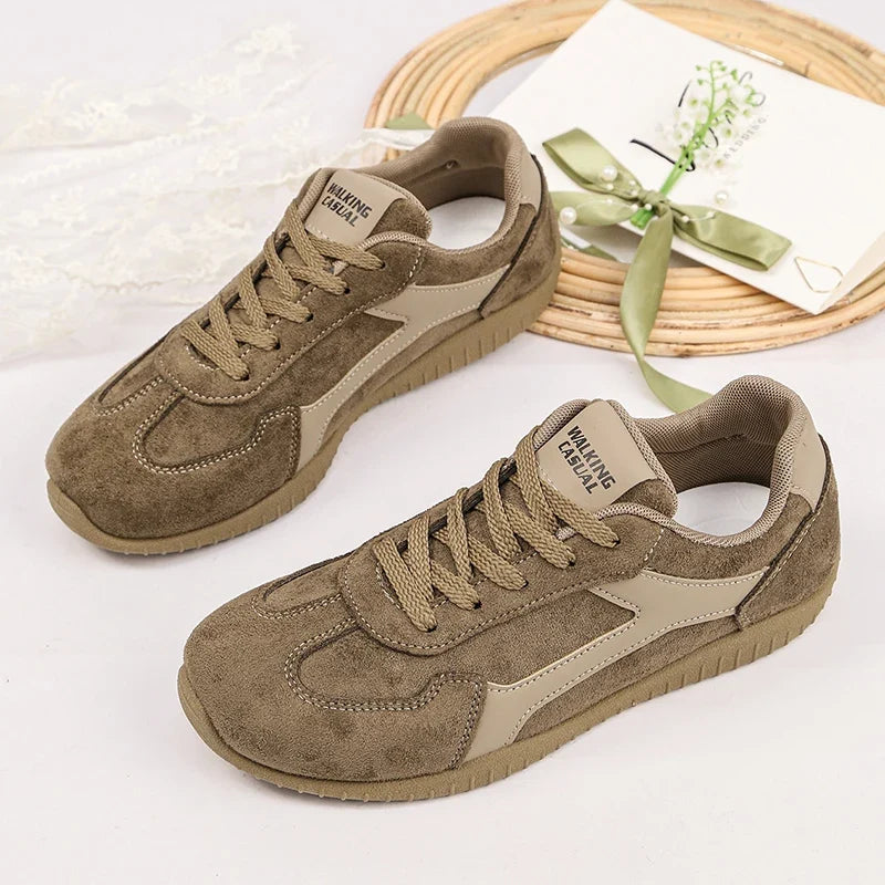 Fashion Gray Suede Flats Sneakers Women Non Slip Lace Up Platform Sneakers Woman Comfortable Thick Sole Sports Running Shoes