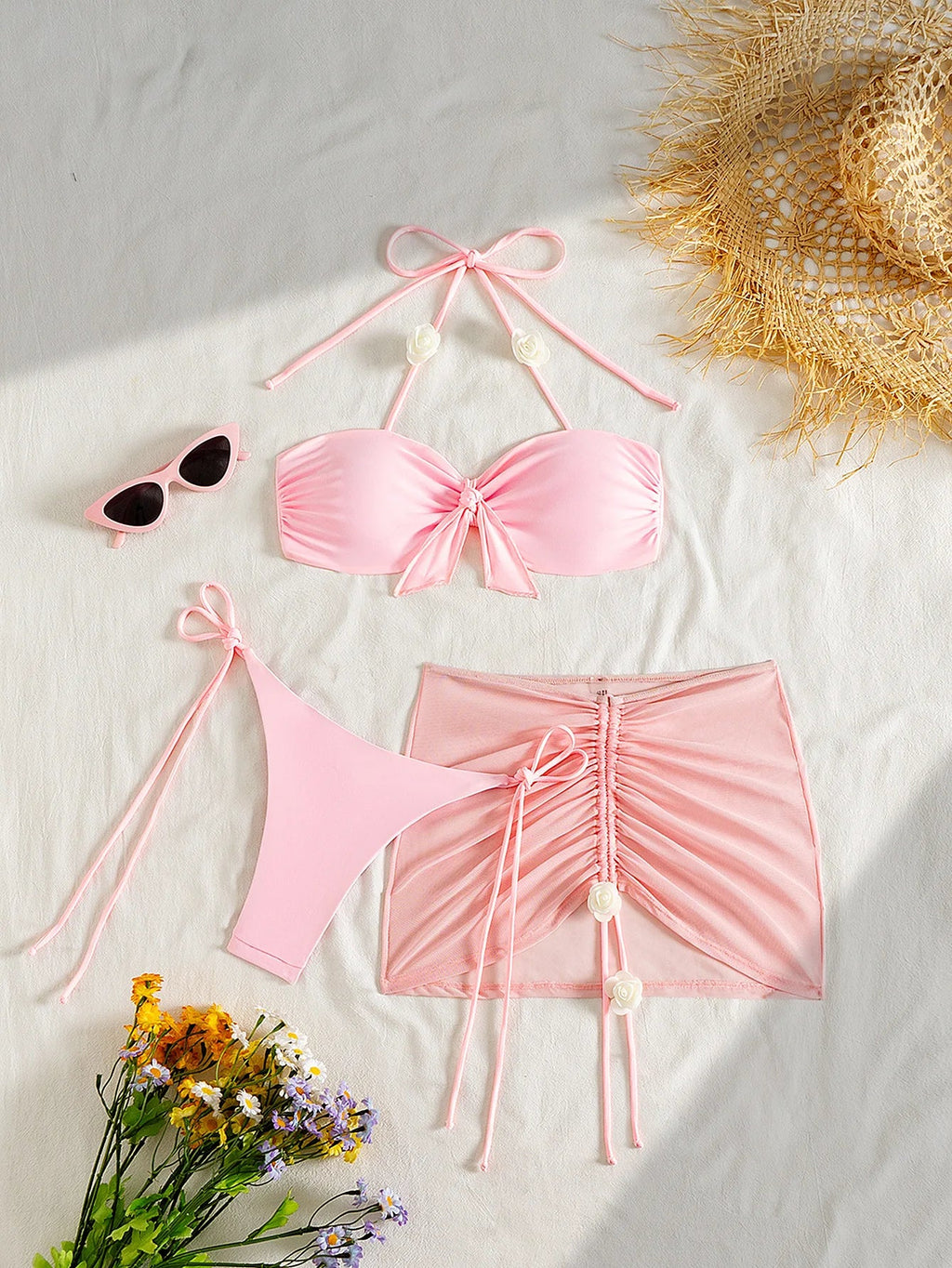 3D flower front tie pink bikinis sets 3pcs with drawstring mesh mini skirt swimsuits bathing suit beach outfits biquini tankini