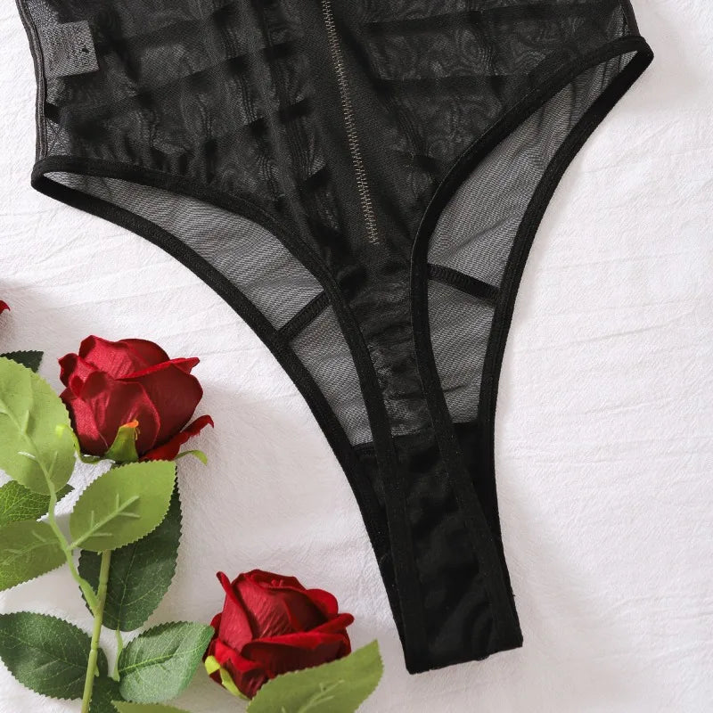 Toucheart Sexy Lace Mesh Transparent Underwear Women V-Neck Sexy Suspender Bodysuit With Zipper Exotic Sexy Printing Jumpsuit