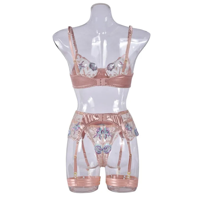 Toucheart 4-Piece Set Sexy Lingerie Set Embroidery Patchwork Mesh See-Through Exotic Underwear Women Garter Belt Underwear Suit
