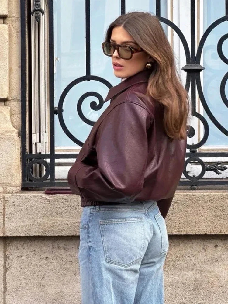 Foridol Wine Red Vintage Faux Leather PU Coat for Women Long Sleeve Turn Down Collar Zipper Autumn Winter Coat Jacket