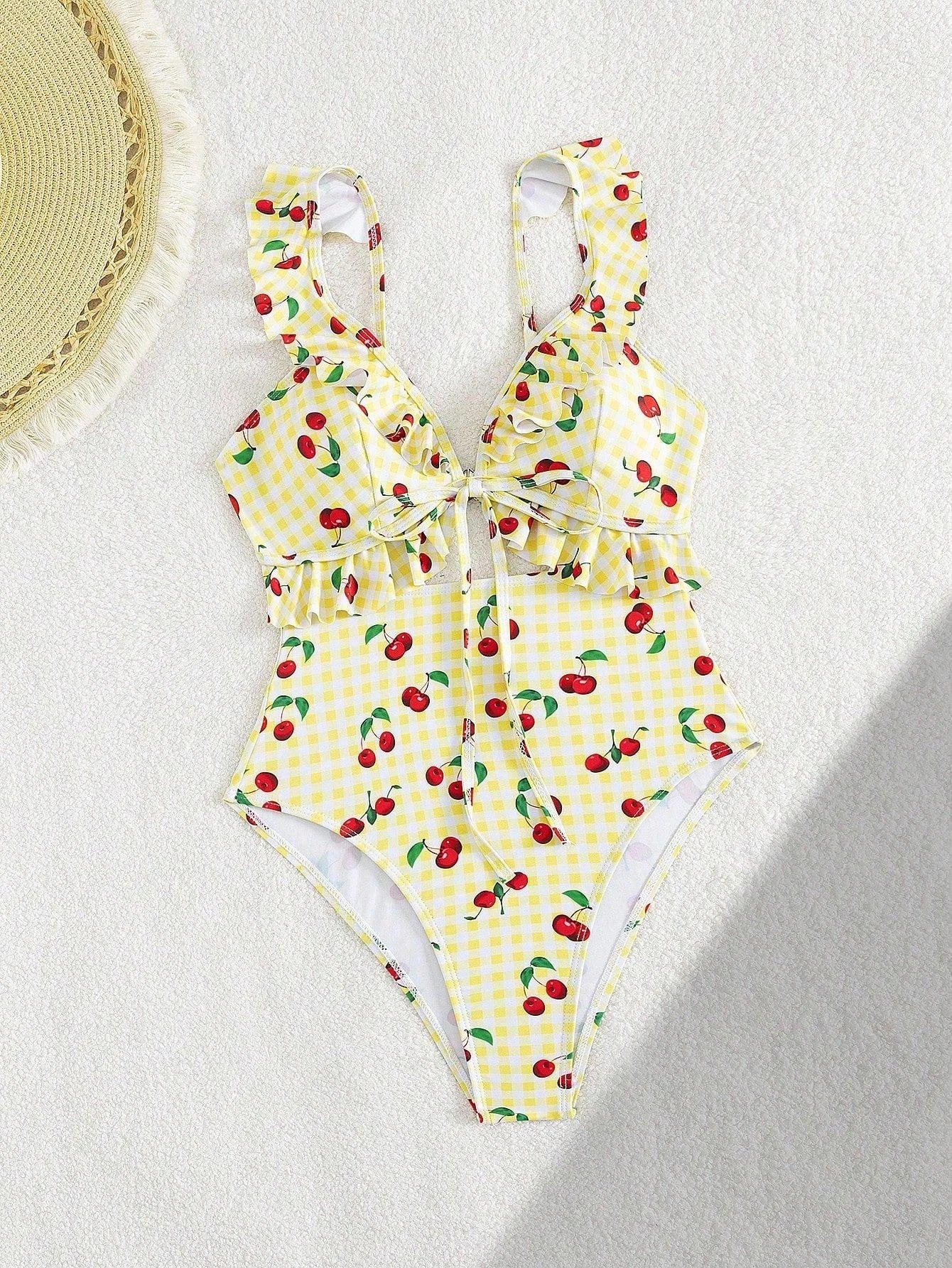 Vintage Pink Starberry Print One Piece Swimsuit 2026 Women Ruffles Bandage Cross High Waist Bikini Beach Bathing Suit Swimwear