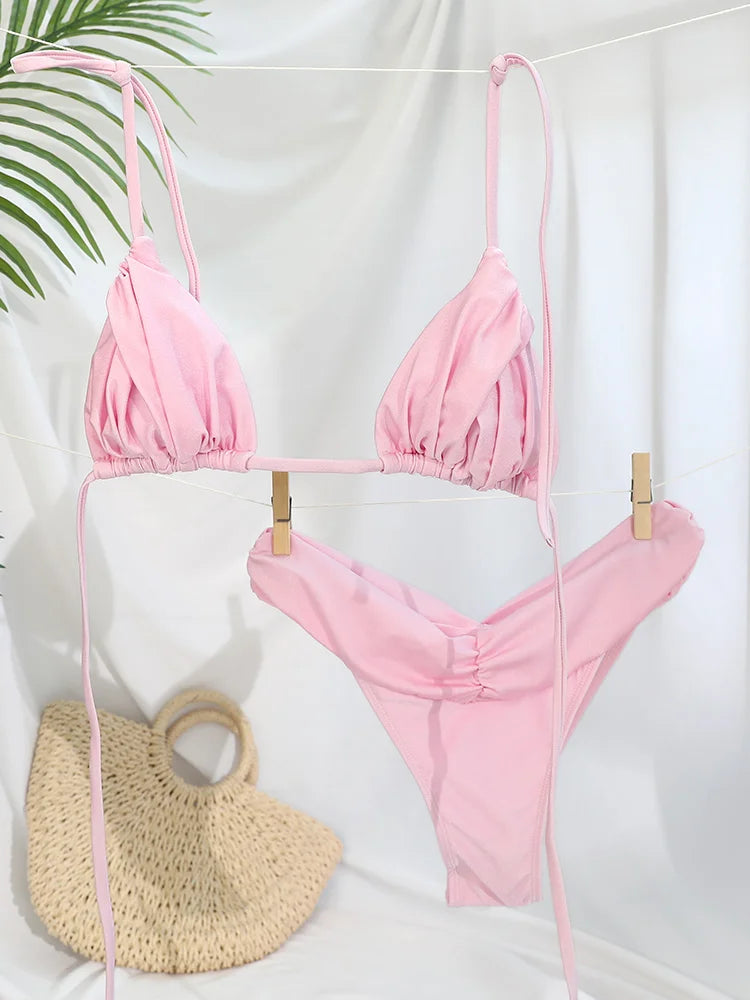 Miyouj Glitter Fabric Bikinis 2026 Sexy Bikini Set Folds Swimsuit Female Halter Bathing Suit Women Swimwear New Beachwear