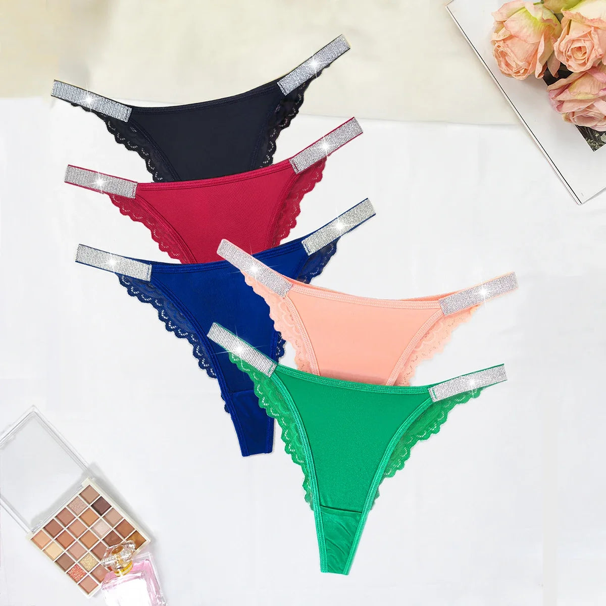 5pcs/Set Sexy Embroidery Two Shiny Belts Women Briefs Solid Low Waist Comfortable Female Panties Elegant Intimates Lingerie