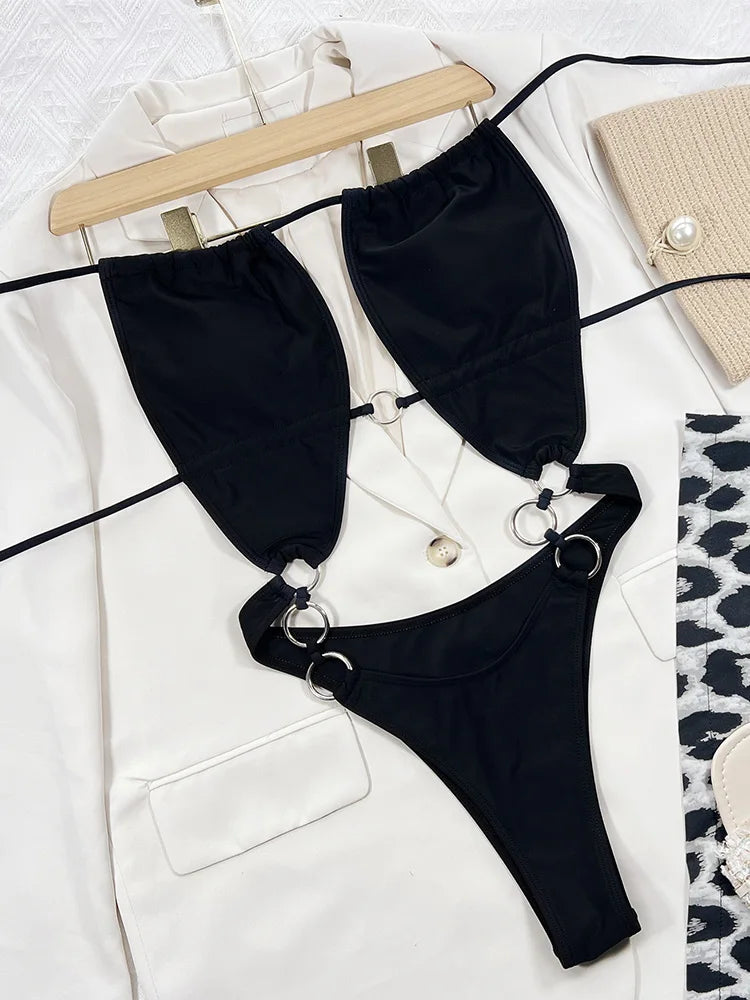 Sexy Halter Metal Rings Tummy Cut Out Female Swimwear One Piece Swimsuit Women High Cut Monokini Backless Bathing Suit Swim Lady