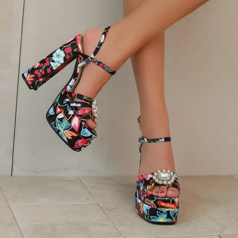 Ethnic Bohemia Sandals Women 2026 Summer Shoes Flower Print Ankle Strap Platform Block High Heels Crystal Pearl Studded