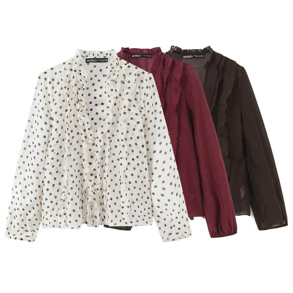 2026 Spring New Women Elegant Loose V Neck Wave Trim Polka Dot Blouse Thin Long Sleeve Top
