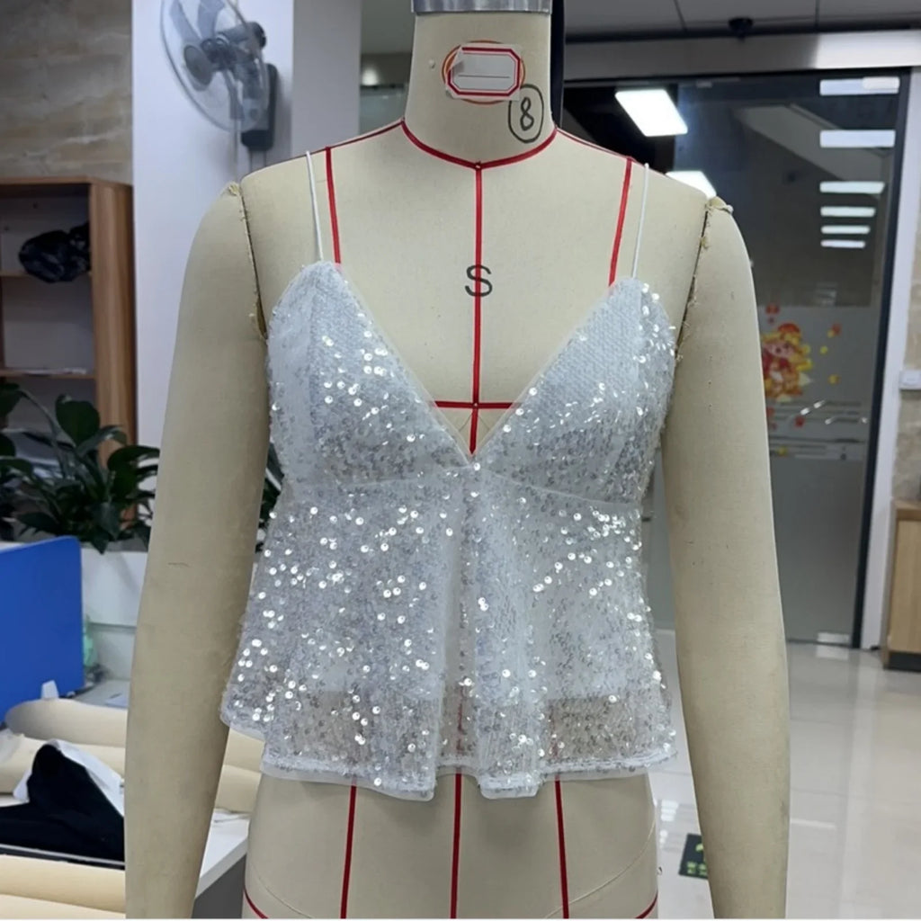 Sexy Sequined Camis Tops Women Sequin Spaghetti Strap Tops Sparkly V Neck Sleeveless Backless Ruffle Crop Tops Trendy Streetwear