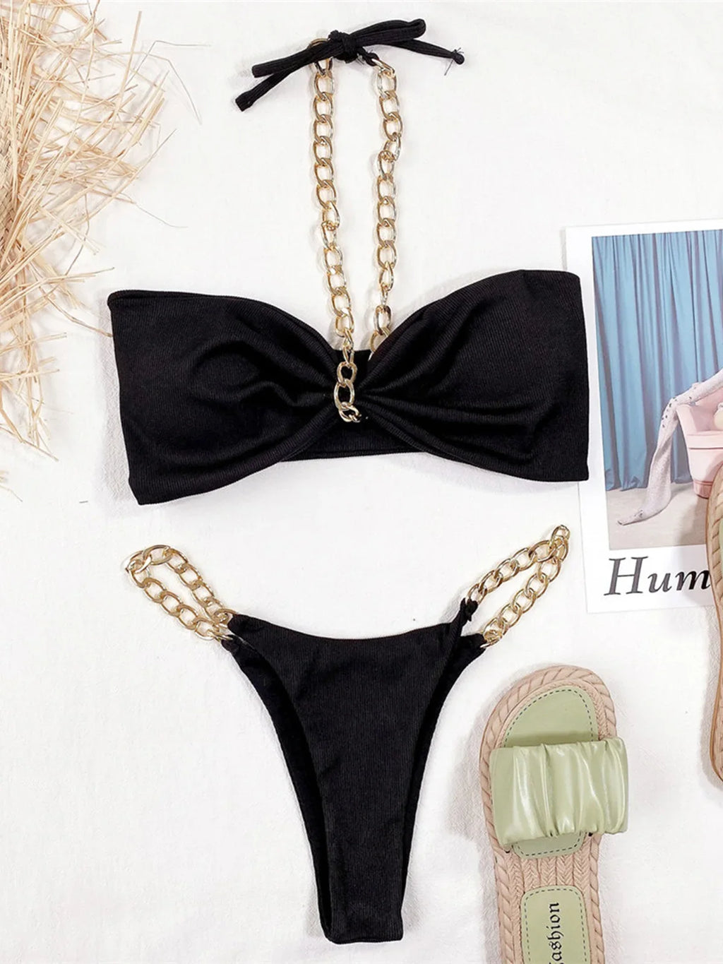 Women Swimwear Metal Chain Halter Ribbed Bikini Female Swimsuit Two-Pieces Bikini Set High Cut Bather Bathing Suit Swim V2989