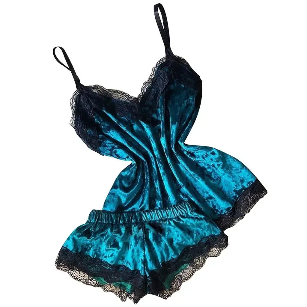 Summer Lace Sleepwear Sexy Satin Pajamas Set Women Nightshirt 2 Pieces Crop Tops and Shorts Set Homewear Loungewear