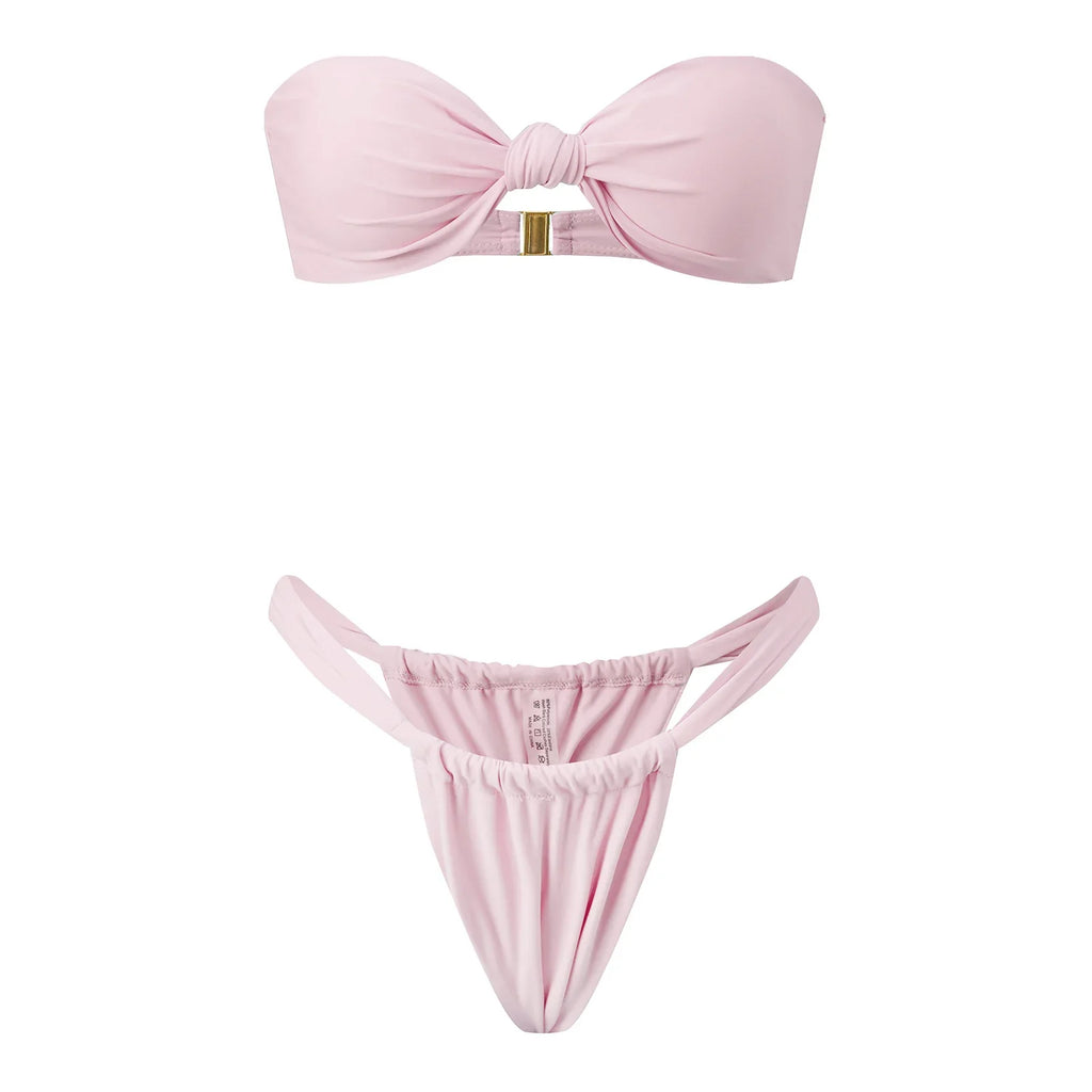 Women Summer 2-Piece Swimsuits Knot Front Strapless Bikini Bra and Elastic Bottoms Sets for Beachwear Bathing Suit