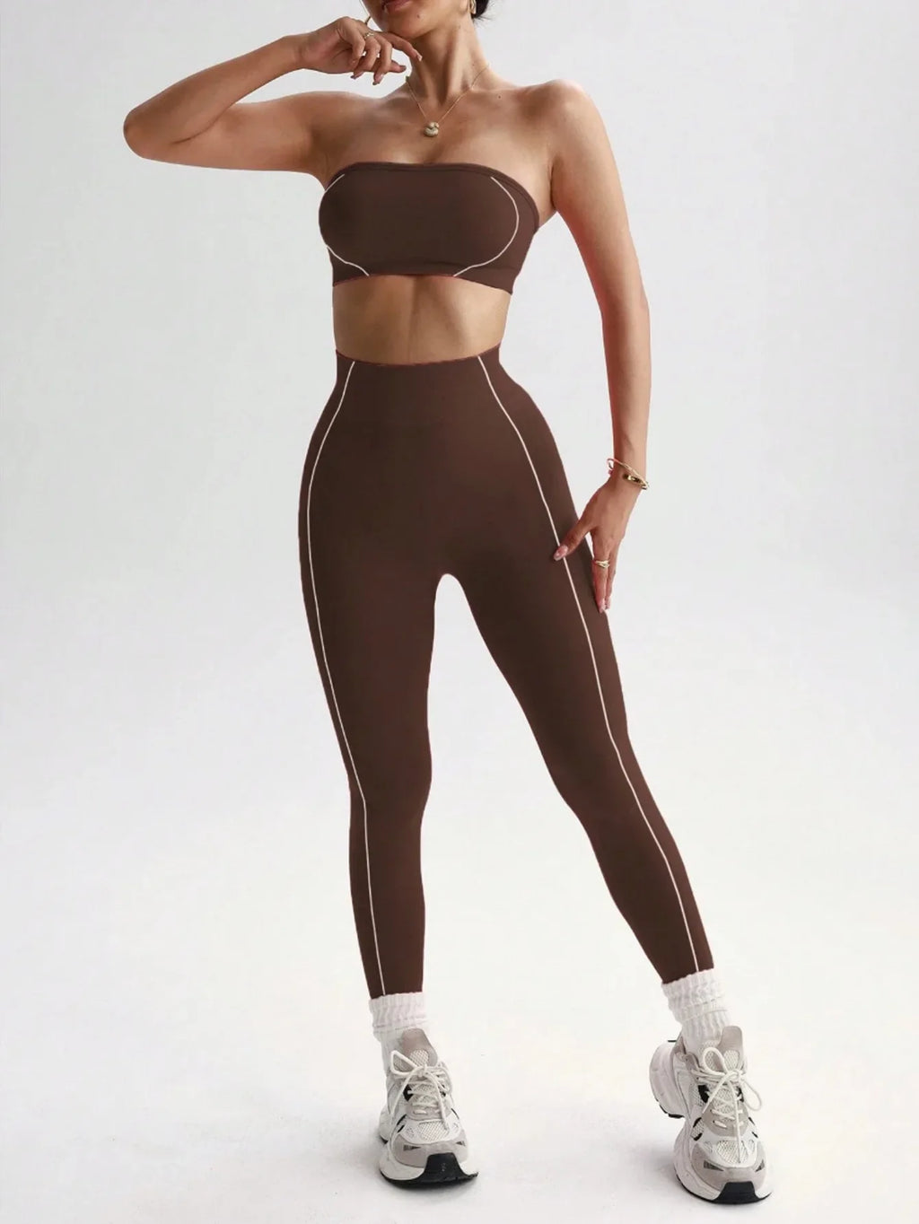 Women Strapless Bandeau Sports Bra Seamless High Waist Yoga Leggings Set Padded Workout Fitness Gym 2 Piece Outfits