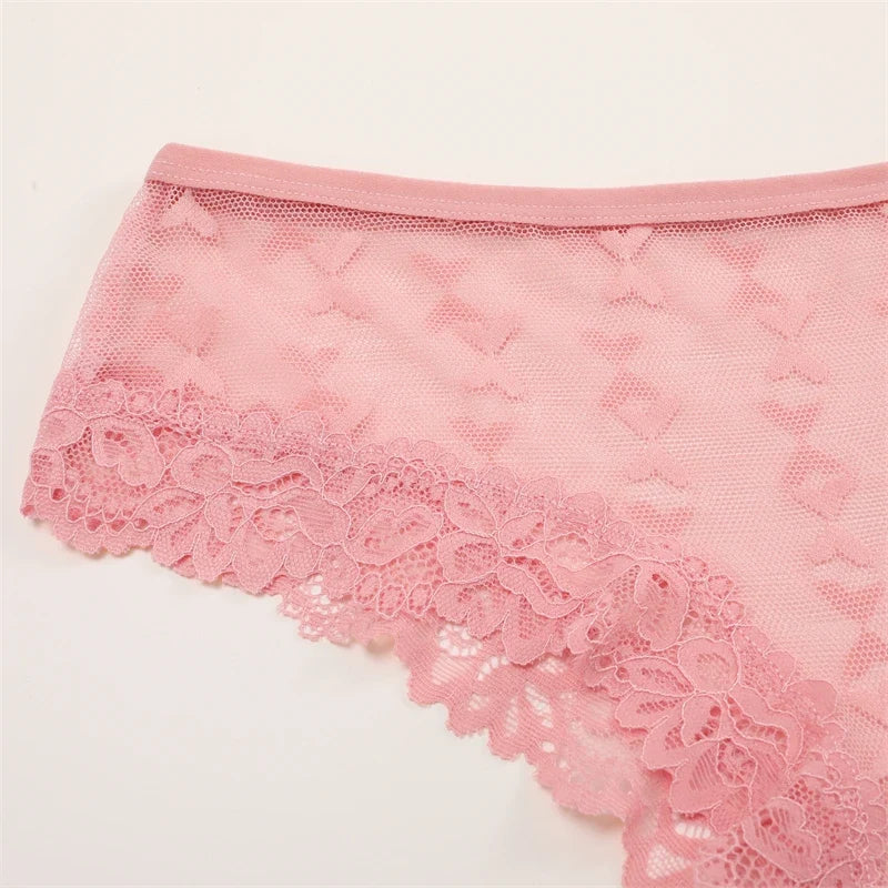 4PCS Lace Bikini Briefs Panties Women's Transparent Lingerie Sexy Female Underpants Floral Lace Perspective Waist Band Briefs