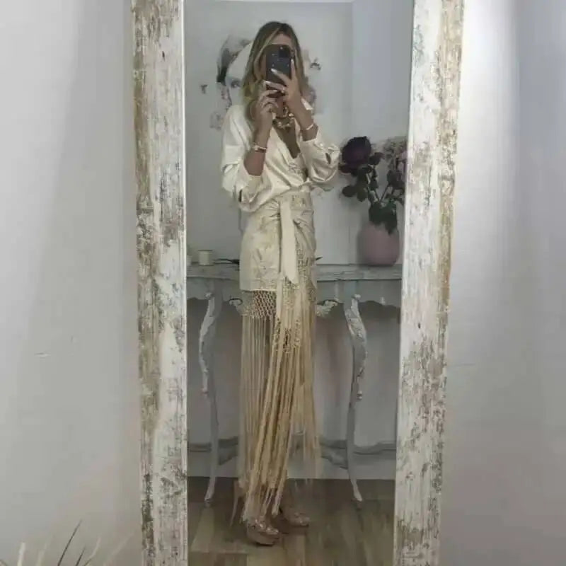 Embroidered Tassel Hem Skirt Elegant Women's Lace Up Mesh Hollow Out Short Skilt 2026 Summer New Chic Female Beach Holiday NT8W